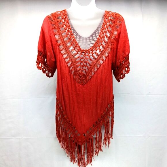 Vivid Gausy Macreme Tunic/ Beach Cover/ Blouse Women's XL. Cotton Blend. Red.... - Picture 7 of 11